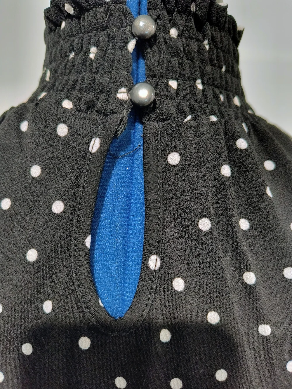 Adrianna Papell Black White Polka Dot Smocked Neck Long Sleeve Blouse
